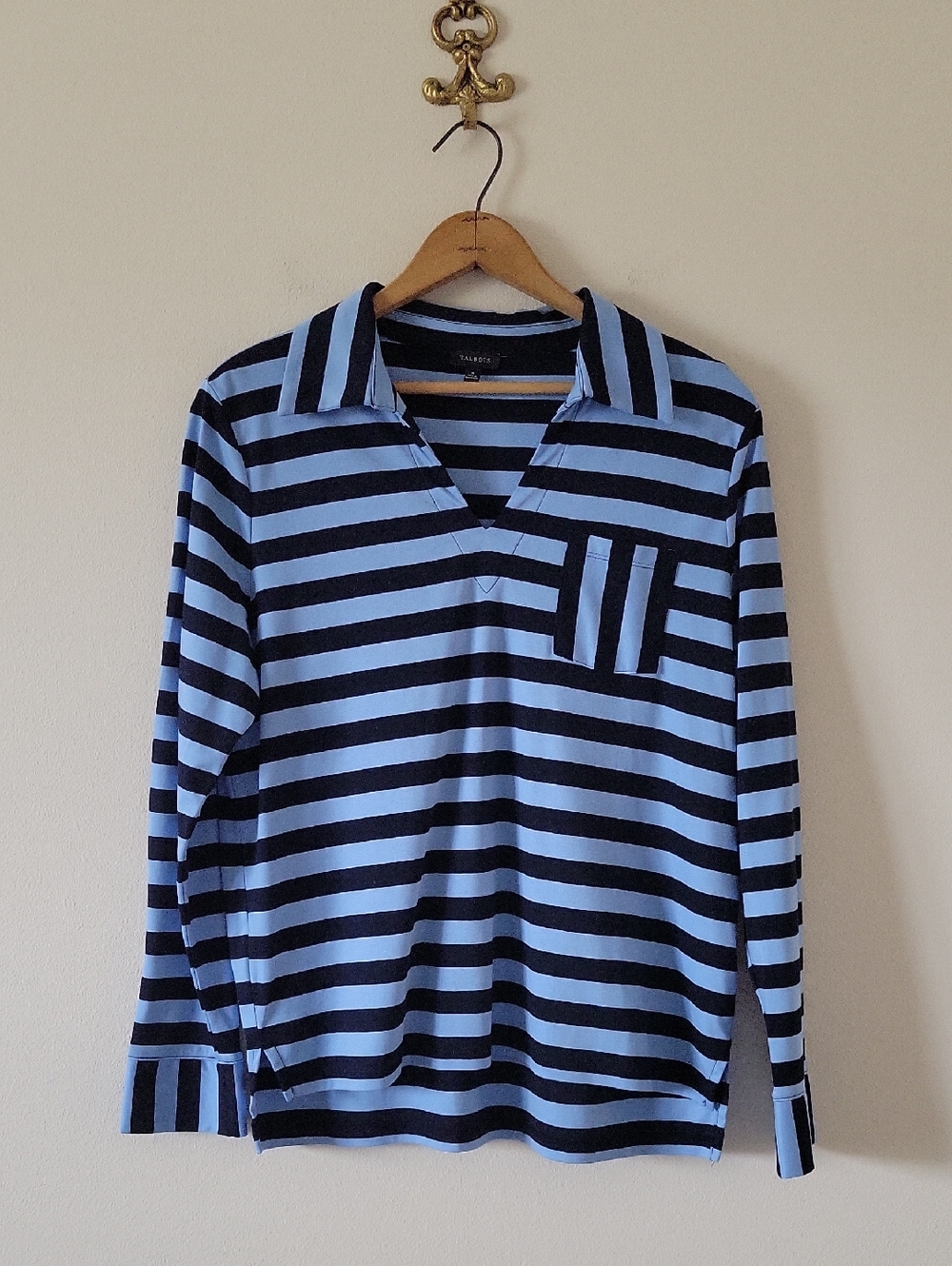 Talbots Blue Stripe Long‎ Sleeve Polo Size Medium